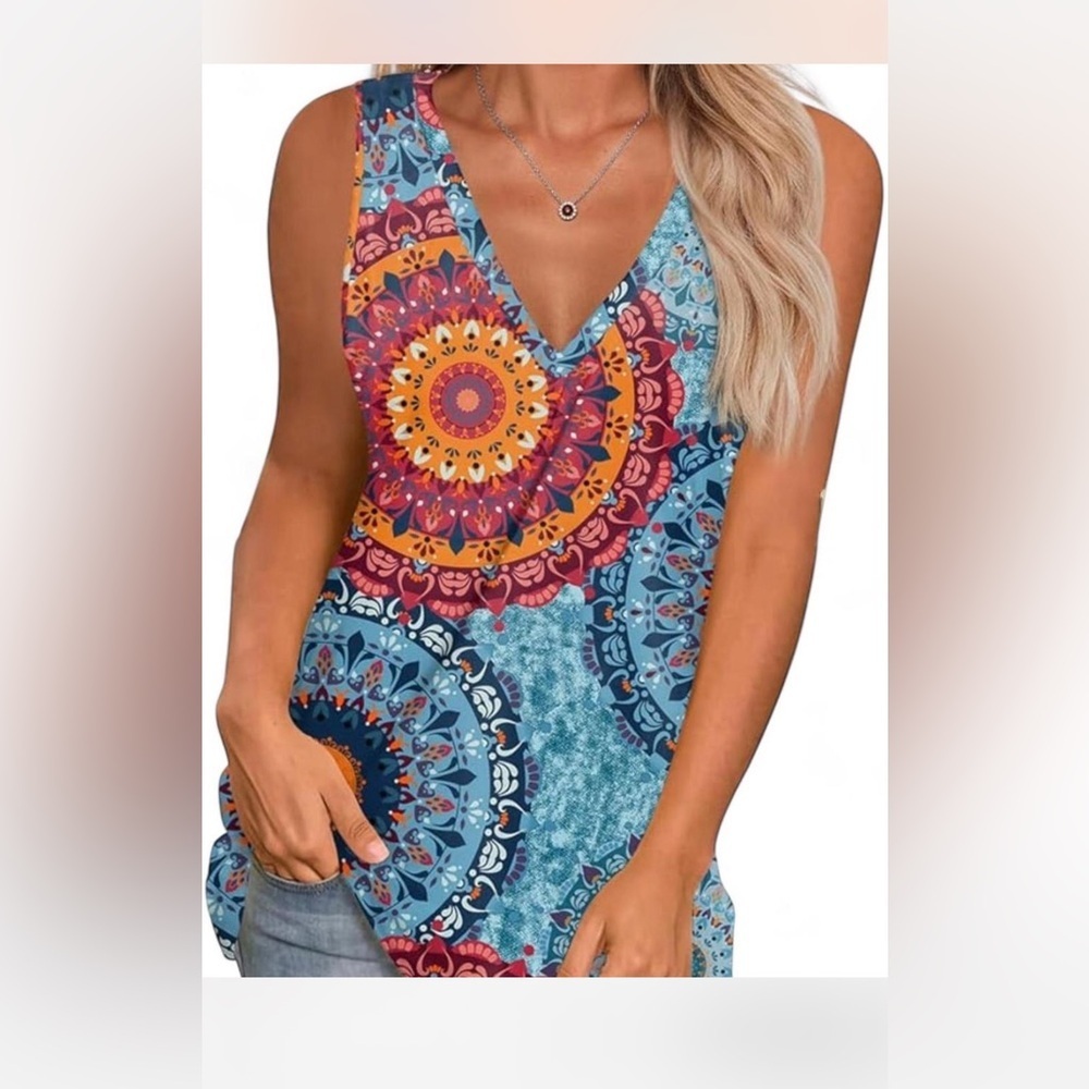 Longyuan women's sleeveless V-neck top featuring a blue and orange mandala print